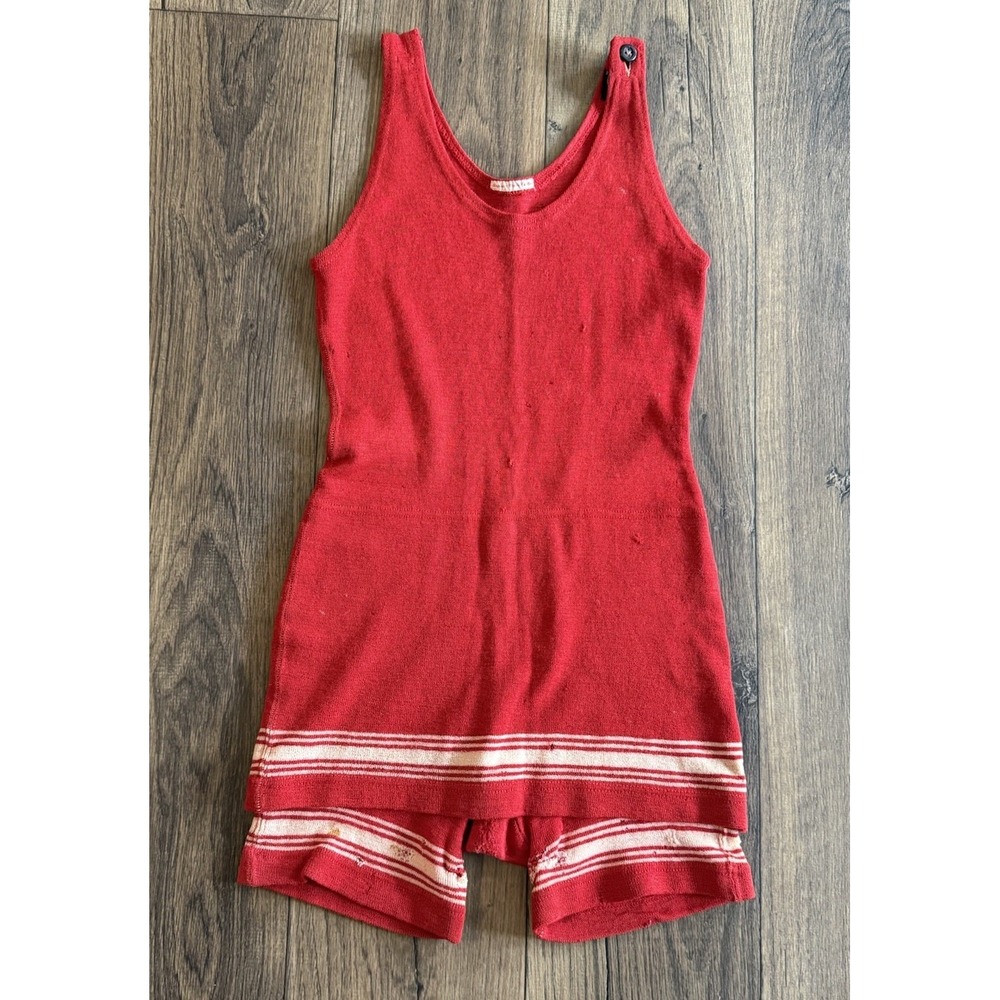 Vintage Spalding Wool Swimsuit Red Striped Bathing Suit "Frances Marie Kessler"